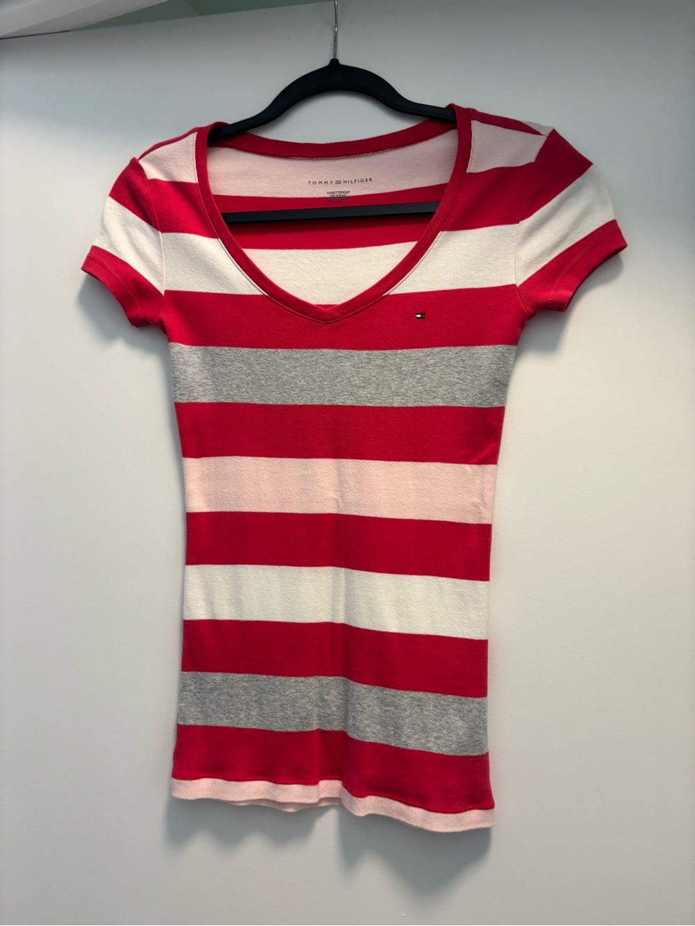 Tommy Hilfiger White, Gray & Pink Striped V-Neck Tee